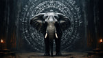 Diamond paint af elefant foran rund tempelport. Mørkegrå nuancer. Måler 45x80 cm