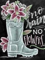 Diamond paint af en gummistøvle med blomster i. Citat: No rain no flowers.
Sort baggrund.