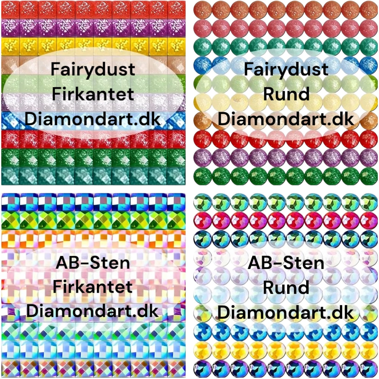 Oversigt over forskellen mellem AB-sten og Fairy Dust sten. Bruges til diamond paint.