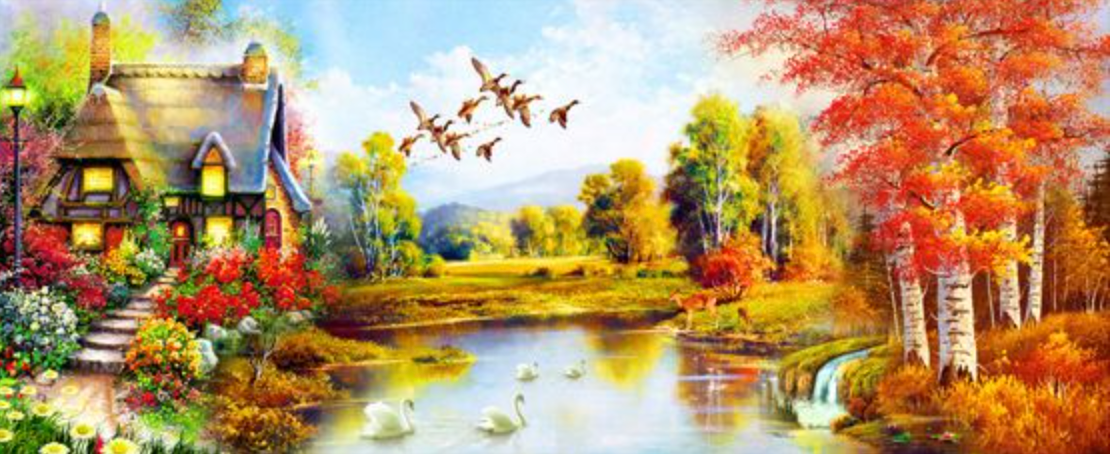 Idyllisk skovsø med lille hus og fugle på træk