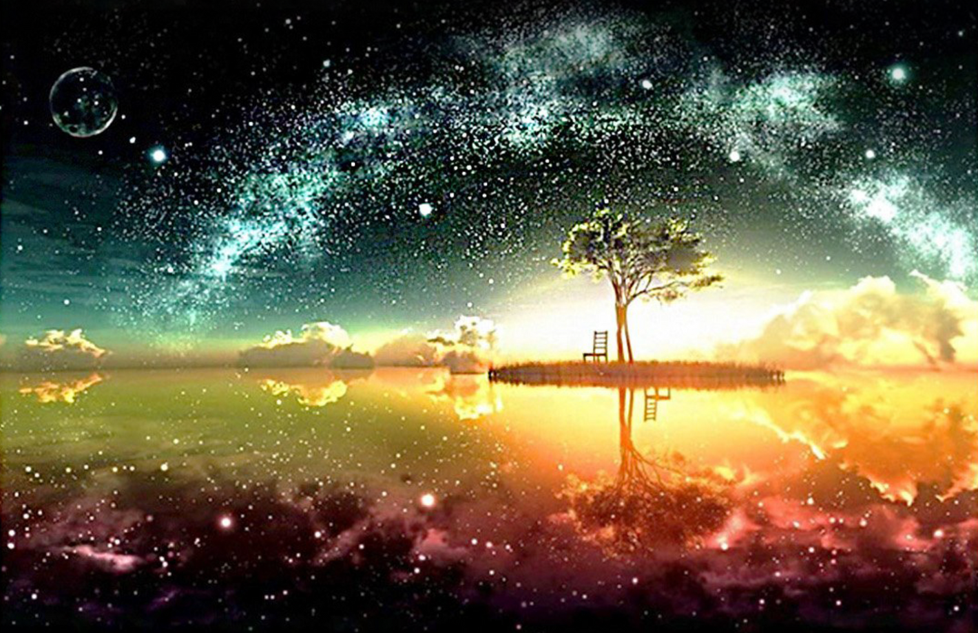 Smukt træ på ø med spejlreflektion