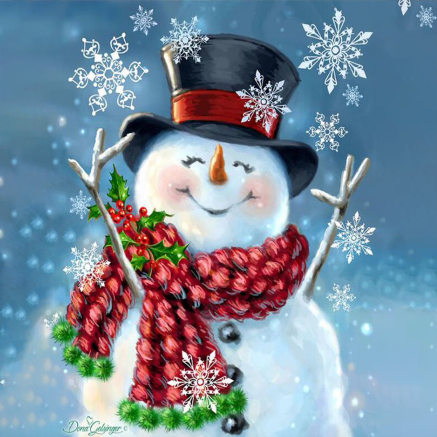 Diamond paint af en glad snemand med rødt tærklæde og tophat med rødt bånd. Snefnug omkring.