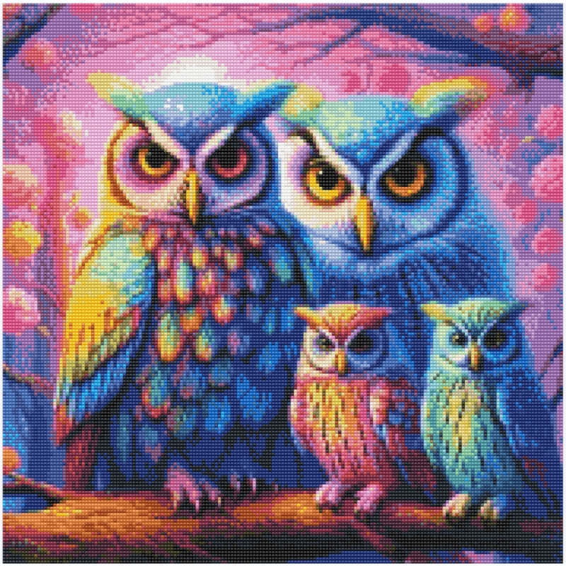 Diamond paint af en uglefamilie - 2 voksne og 2 unger. Stærke farver. Layout version.