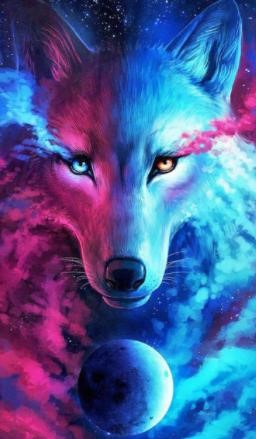 Diamond paint af et ulvehoved i lyserød og blå farver med universet omkring.