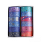 12 ruller washi tape med forskellige astronomiske motiver.
Blandede matte farver med guldtegn.