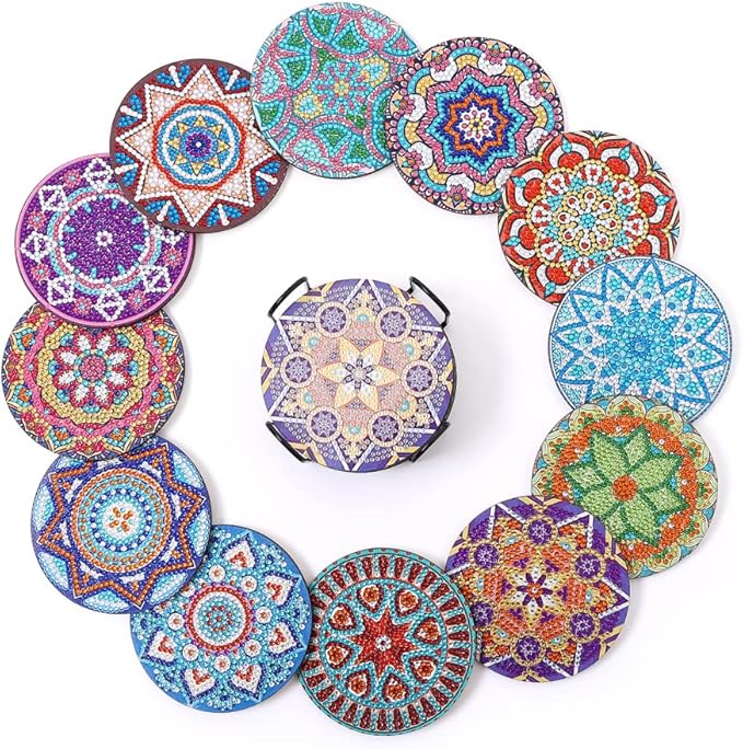 12 stk diamond painting bordskånere med mandalamønster i flotte farver.