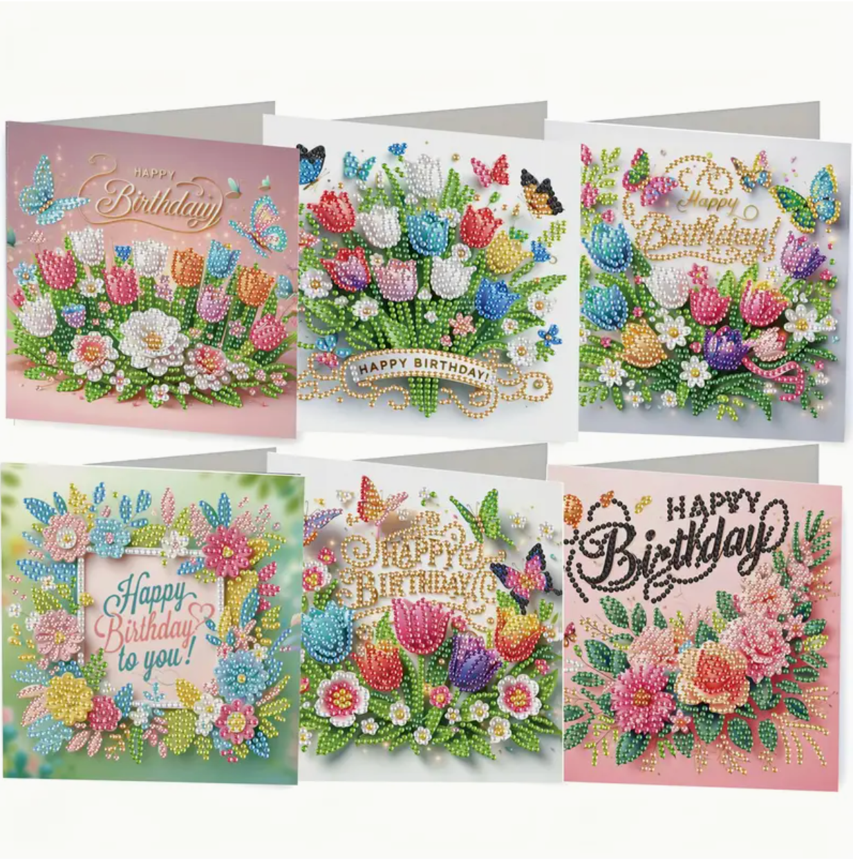 Diamond paint fødselsdagskort med blomstermotiver. 6 forskellige i 15x30 cm. Foldbare.