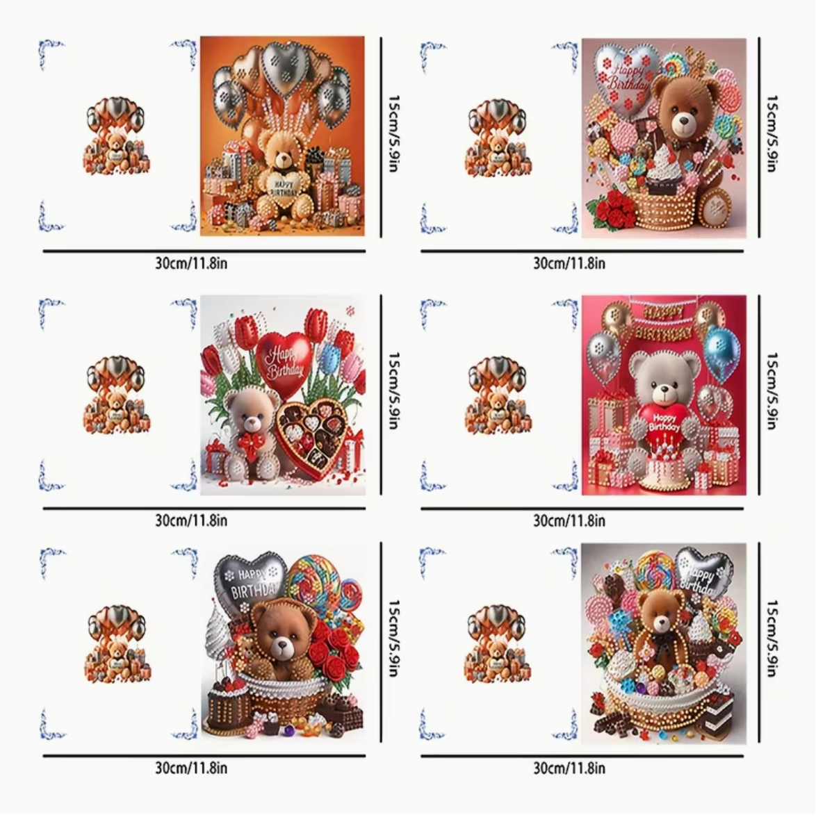 Diamond paint fødselsdagskort med bamser, gaver og balloner. 6 stk.