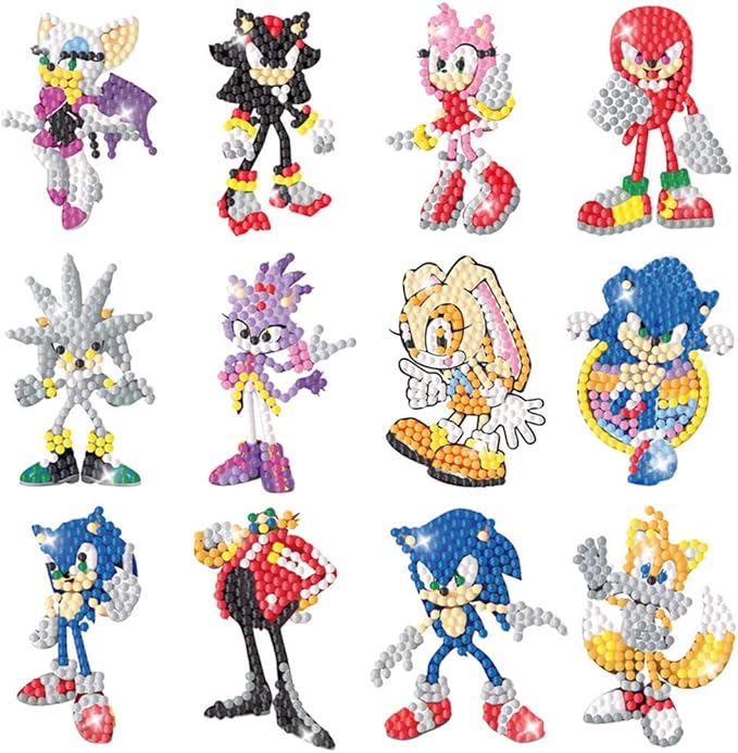 12 forskellige diamond paint klistermærker med Sonic og hans venner.