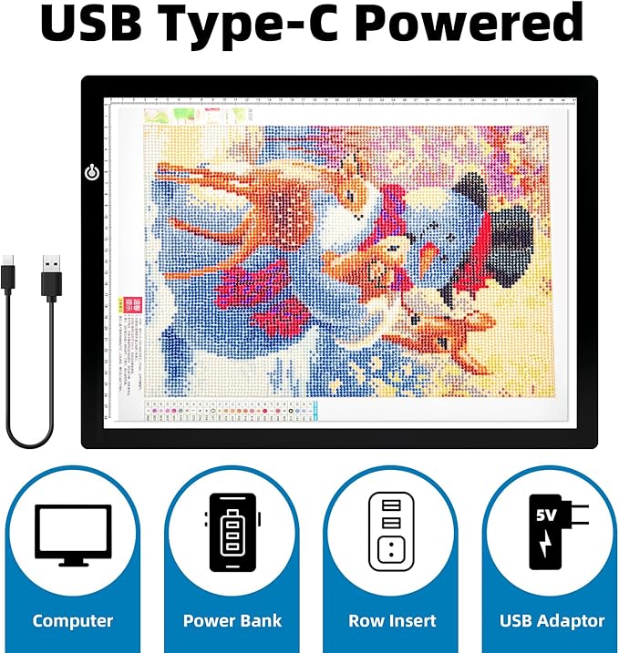 LED lysplade med batteri og USB-stik. A3 format.  Forskellige lysformater.