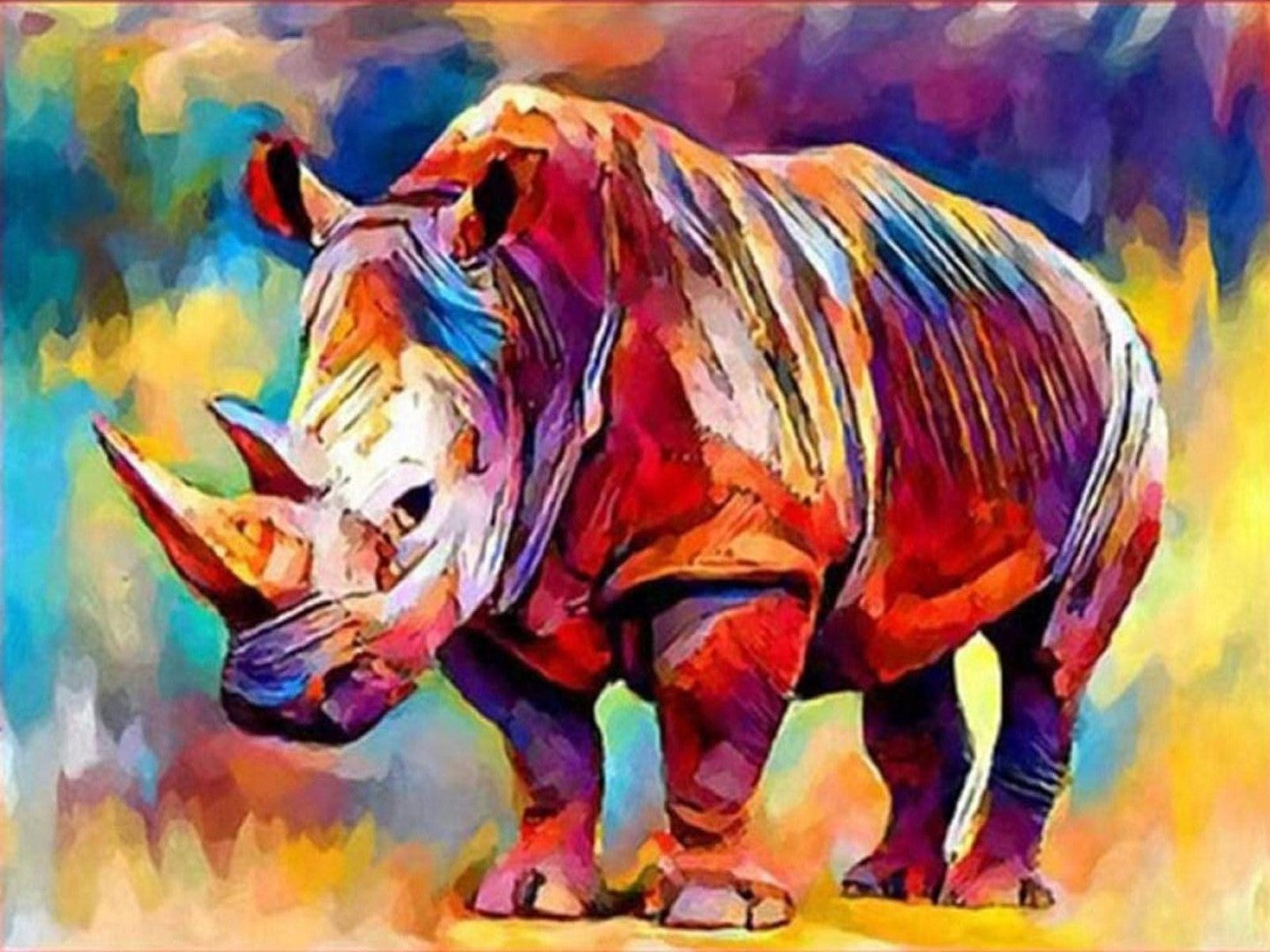 Diamond painting af næsehorn. Abstrakte farver og streger.