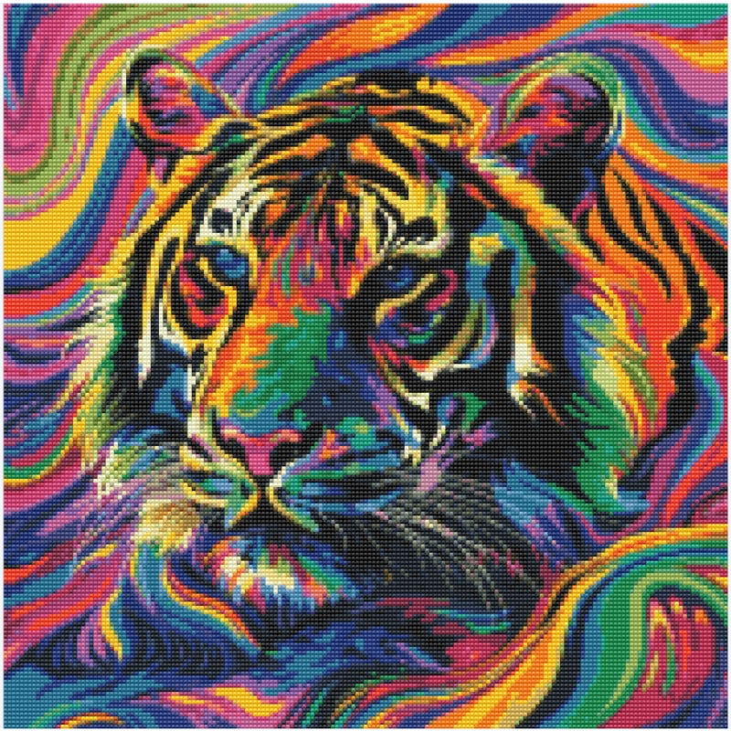 Diamond painting af en farverig og abstrakt tiger. Fås i flere størrelser. Vist med perler.