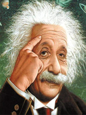 Diamond paint af Albert Einstein med vildt gråt hår og en finger mod panden.