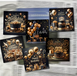 6 stk kort til fødselsdag. Motiver i sort og guld med balloner og kager.