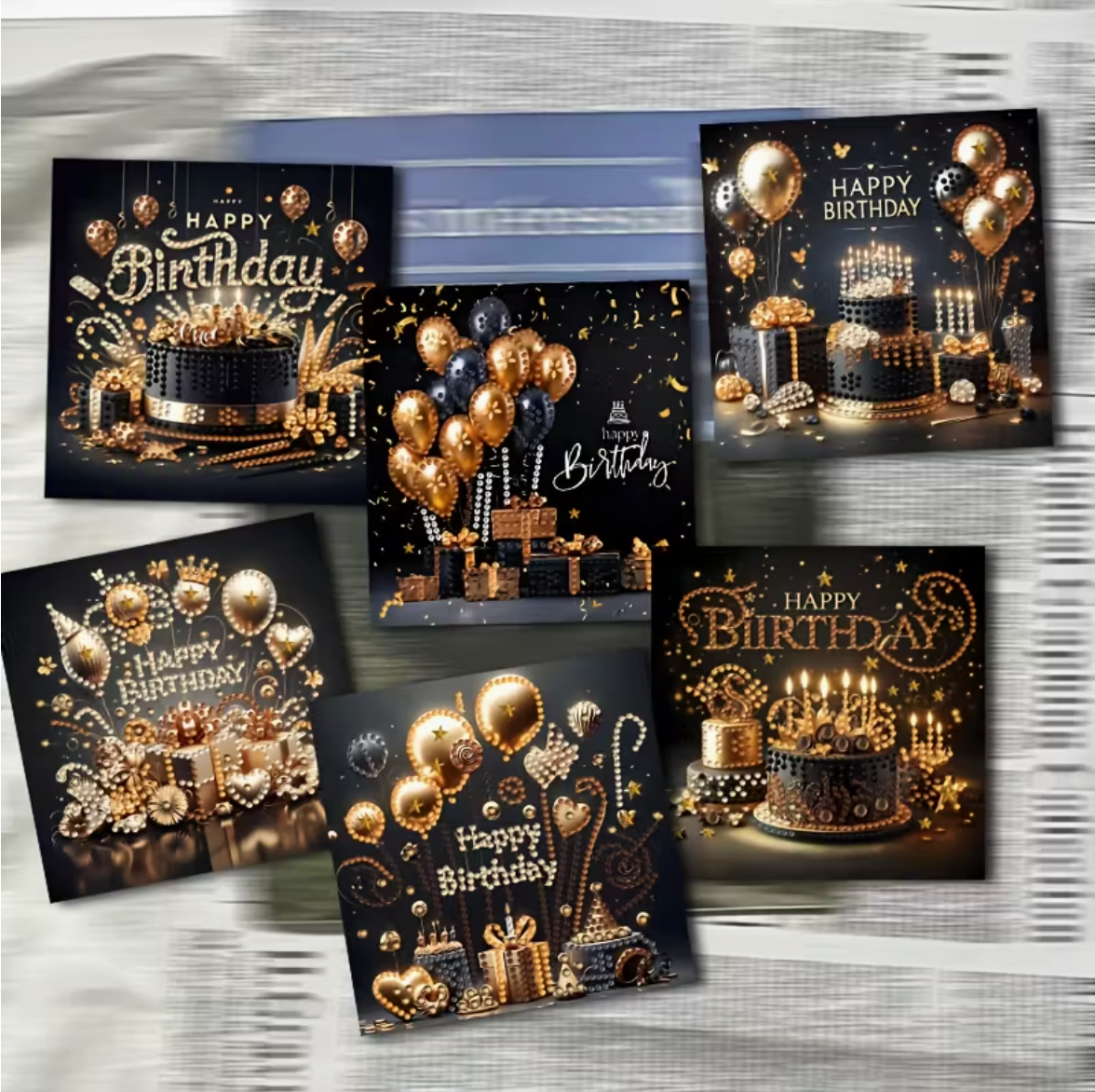 6 stk kort til fødselsdag. Motiver i sort og guld med balloner og kager.