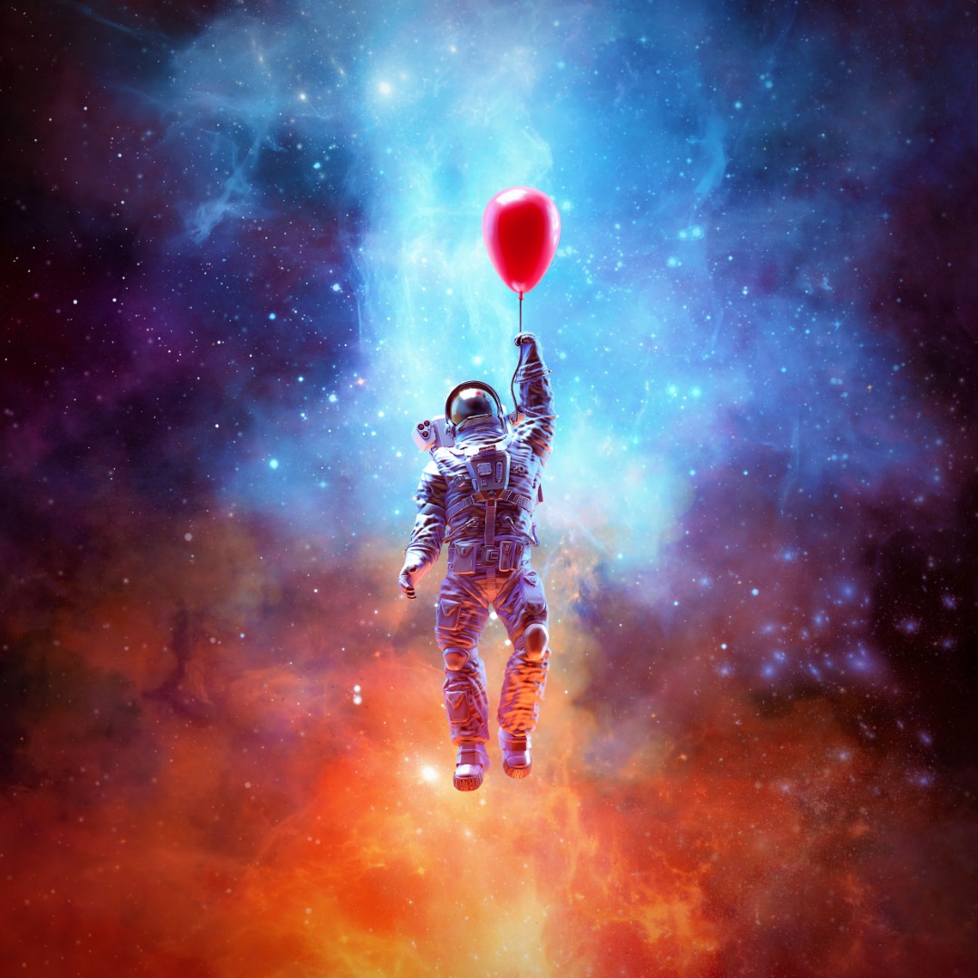 Diamond paint med astronaut der holder en rød ballon. Blåt og orange univers i baggrunden.