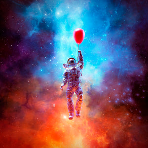 Diamond paint med astronaut der holder en rød ballon. Blåt og orange univers i baggrunden.