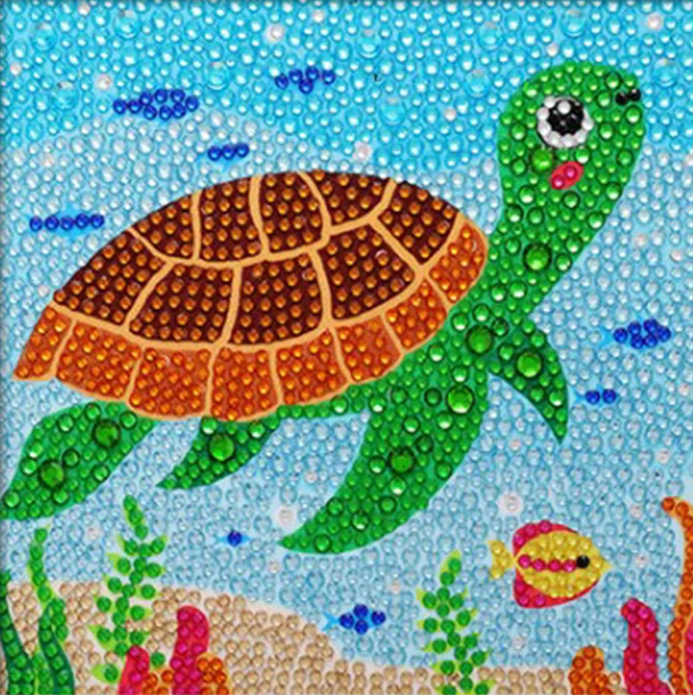 Diamond paint billede med skildpadde under vand med glimmerperler. 