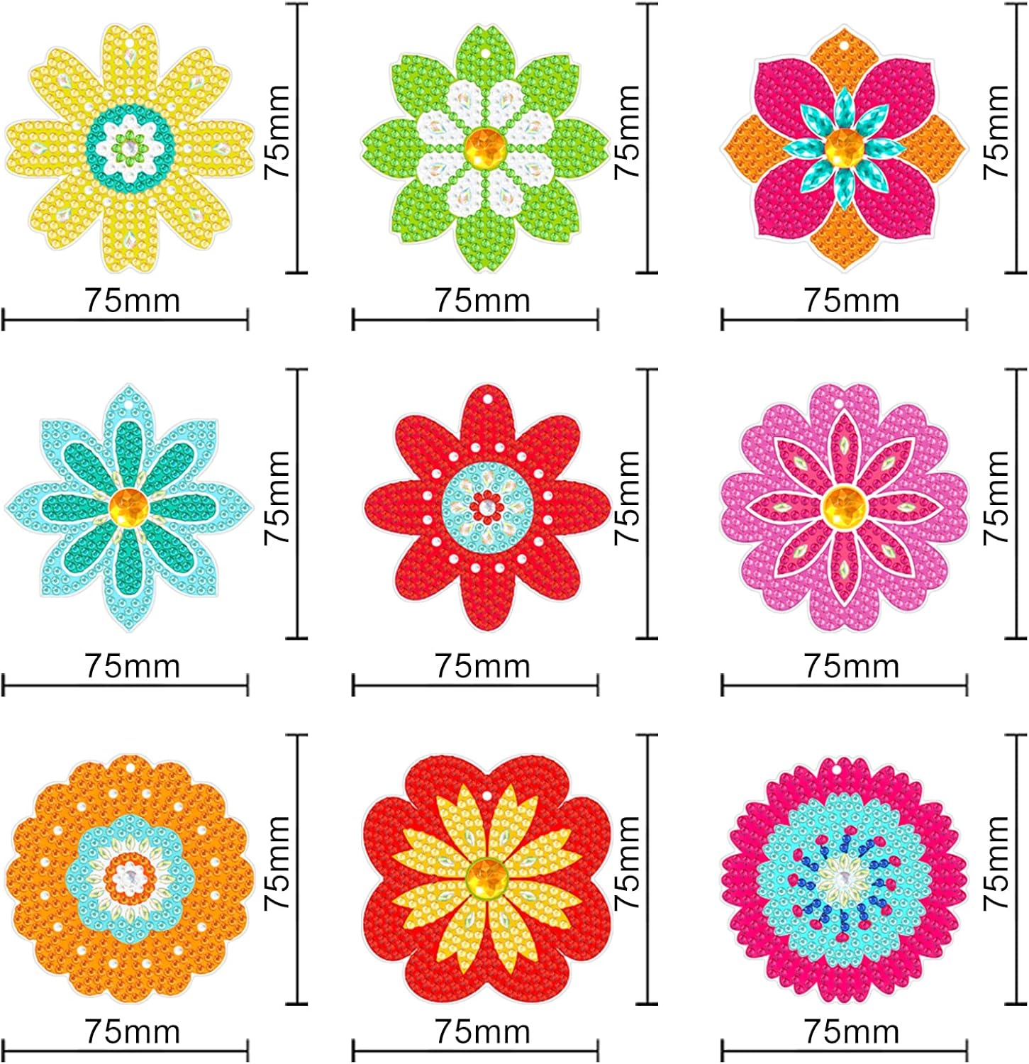 Diamond painting blomsterpynt til ophæng. Måler 7,5 cm i diameter.