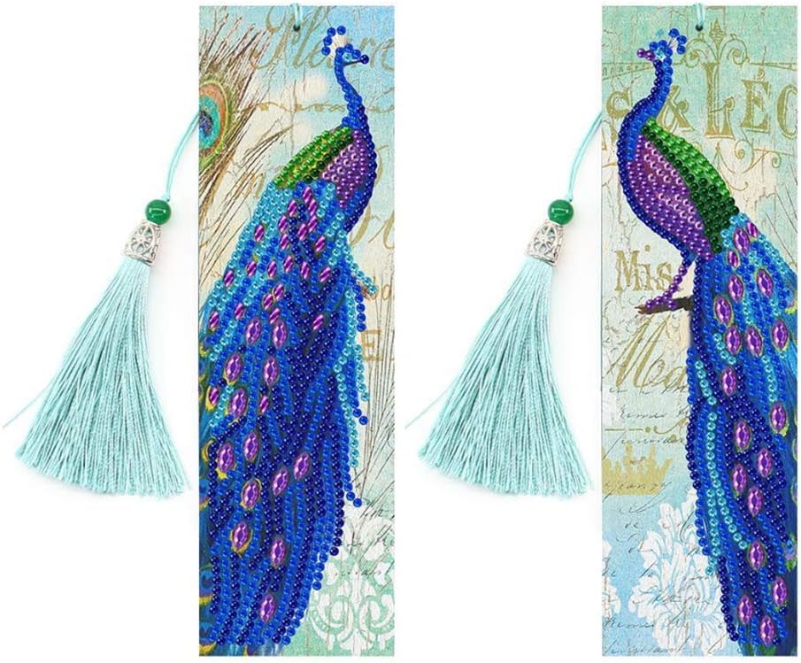 2 stk bogmærker i læder. Påfuglemotiv. Diamond painting.