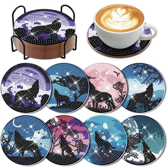 Diamond painting bordskånersæt. 8 forskellige ulvemotiver i flotte farver.