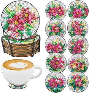Diamond painting bordskånersæt med 10 brikker med juleblomster.