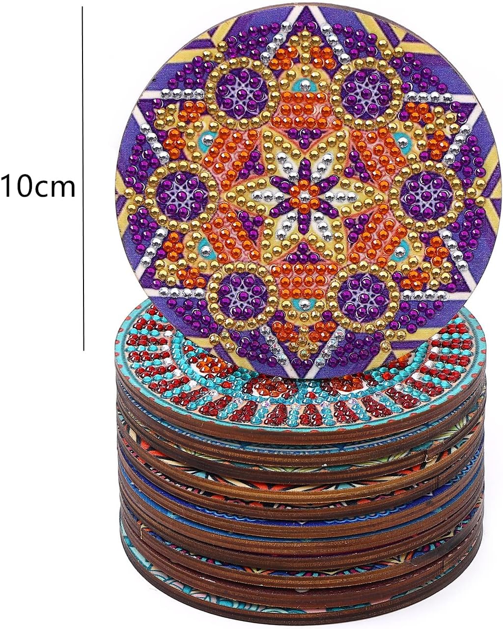 Diamond art bordskånersæt med mandalamønstre. 10 cm i diameter.