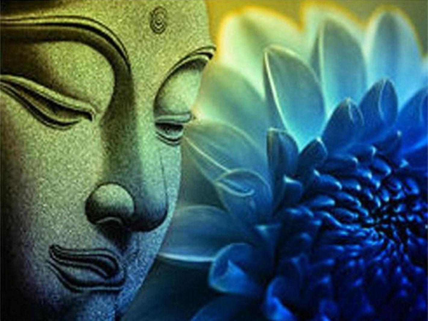 Diamond paint af Buddha med en blomst i baggrunden. Grønne og blå nuancer.