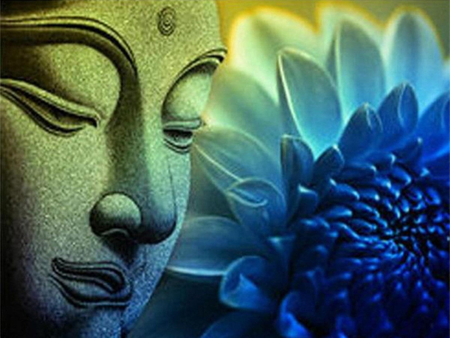 Diamond paint af Buddha med en blomst i baggrunden. Grønne og blå nuancer.
