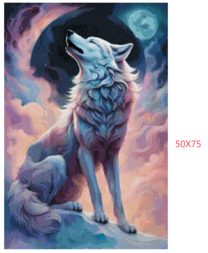 Diamond art print i 50x75 cm. Hvid ulv med lyserøde skyer og planeter i baggrunden.