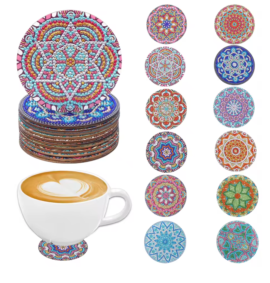 Diamond paint drikkebrikker. 12 stk. med mandalamønstre.