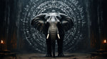 Diamond painting af elefant foran rund tempelport. Mørkegrå nuancer. Måler 45x80 cm