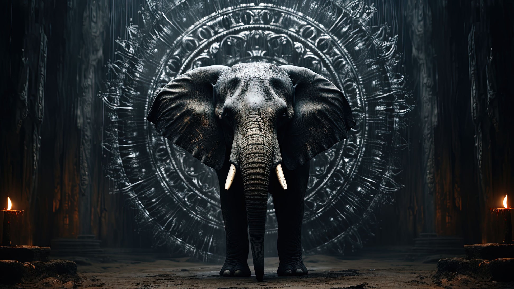 Diamond painting af elefant foran rund tempelport. Mørkegrå nuancer. Måler 45x80 cm