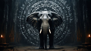 Diamond painting af elefant foran rund tempelport. Mørkegrå nuancer. Måler 45x80 cm