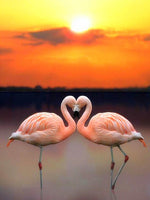 Diamond painting af to lyserøde flamingoer, der danner et hjerte i solnedgangens orange farver.