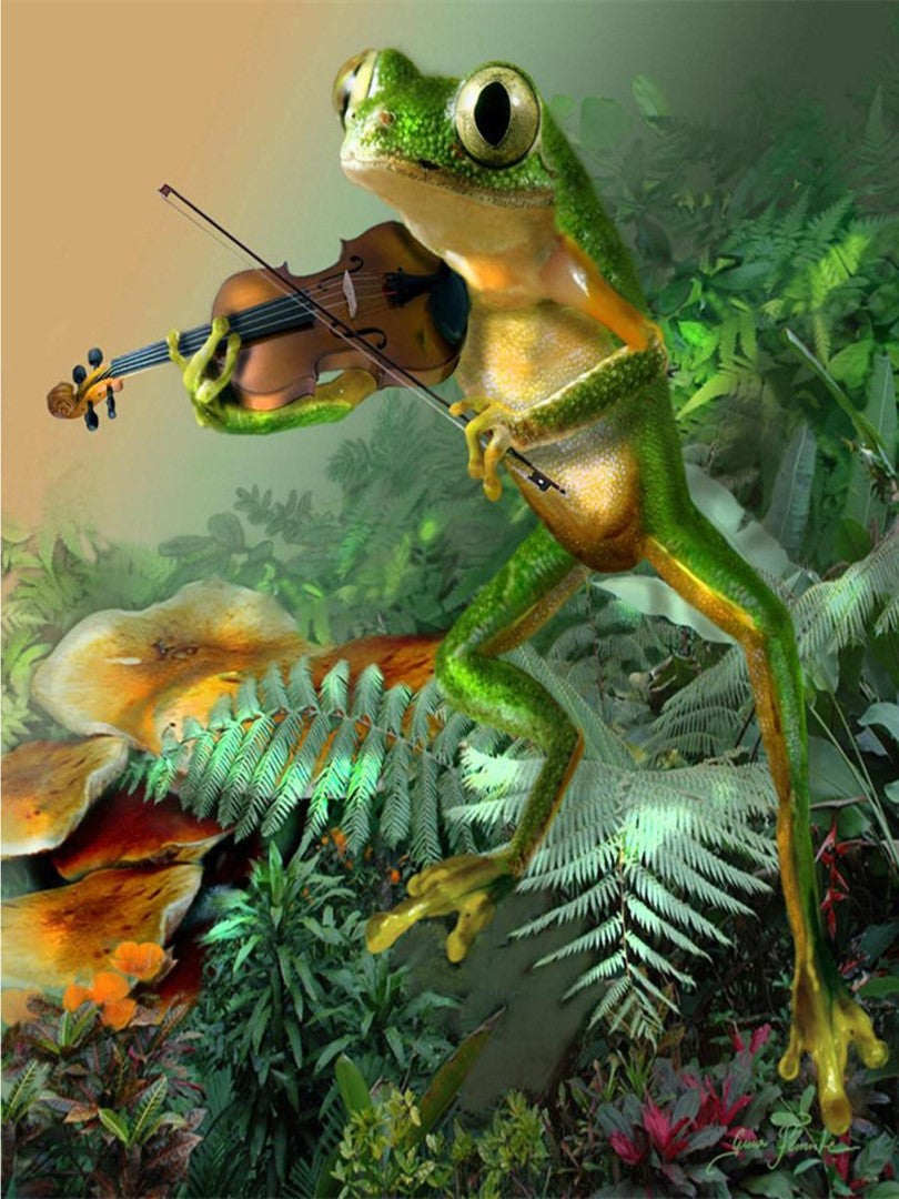 Diamond painting af en grøn frø, der spiller violin. Bregner og svampe i baggrunden.