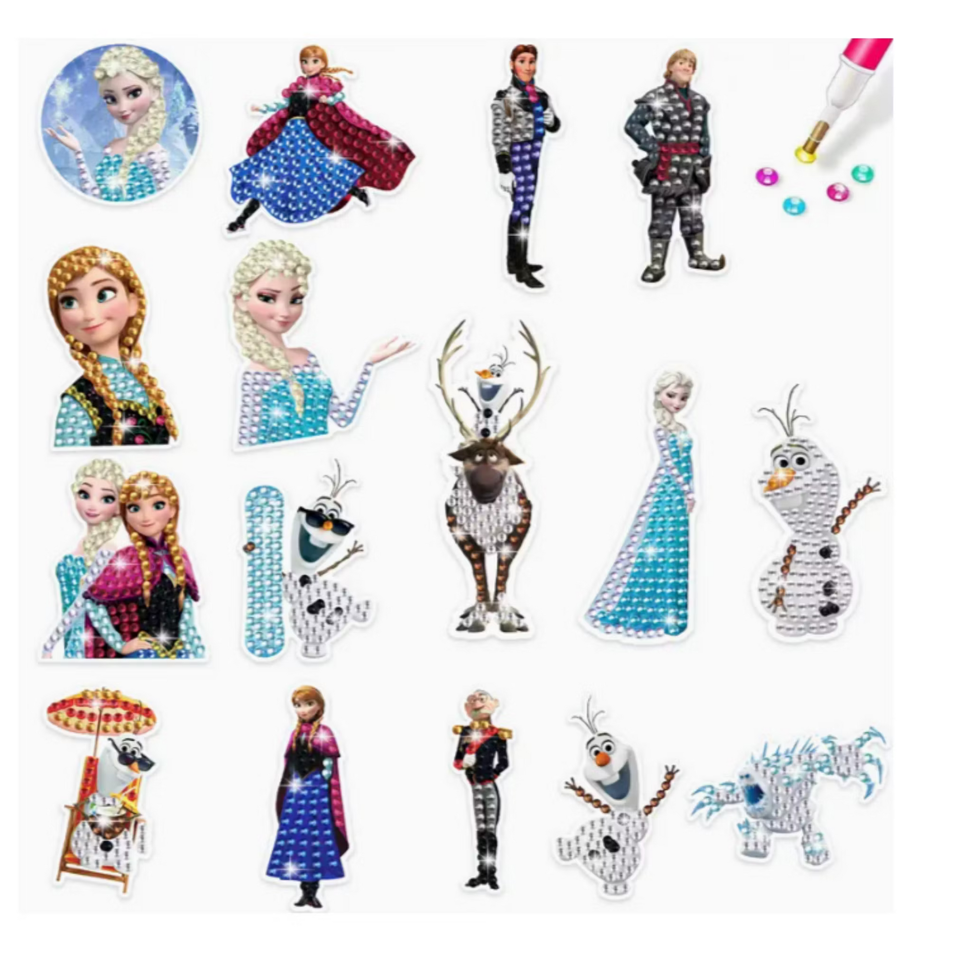 Diamond painting klistermærker med de velkendte figurer fra Frost. 16 forskellige figurer.
