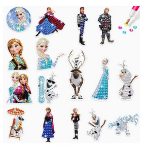 Diamond painting klistermærker med de velkendte figurer fra Frost. 16 forskellige figurer.