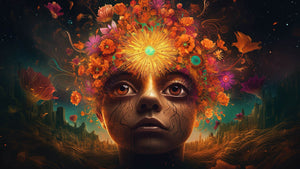 Futuristisk diamond painting af pige med blomsterhår på baggrund af stjernehimmel og ørkenlandskab.