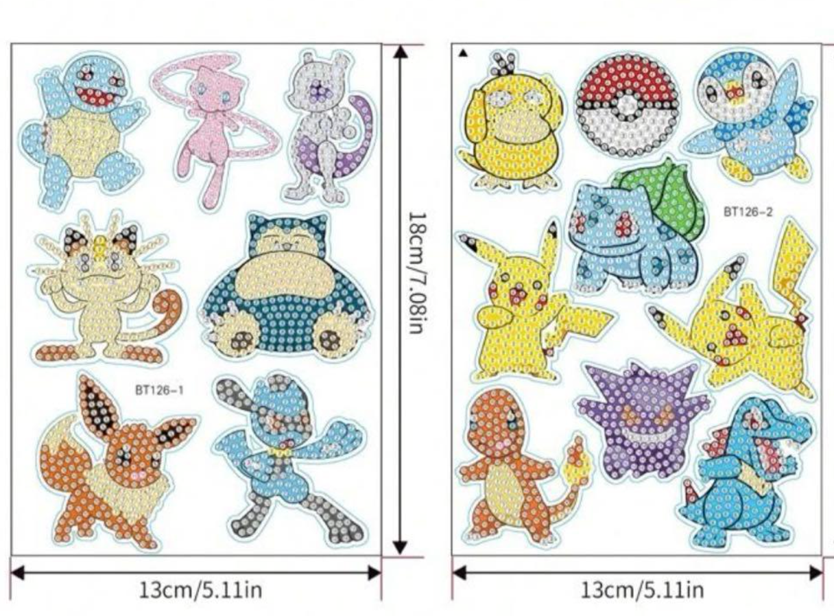 Diamond painting klistermærker med farverige figurer fra Pokémon-universet. Perfekt til børn.