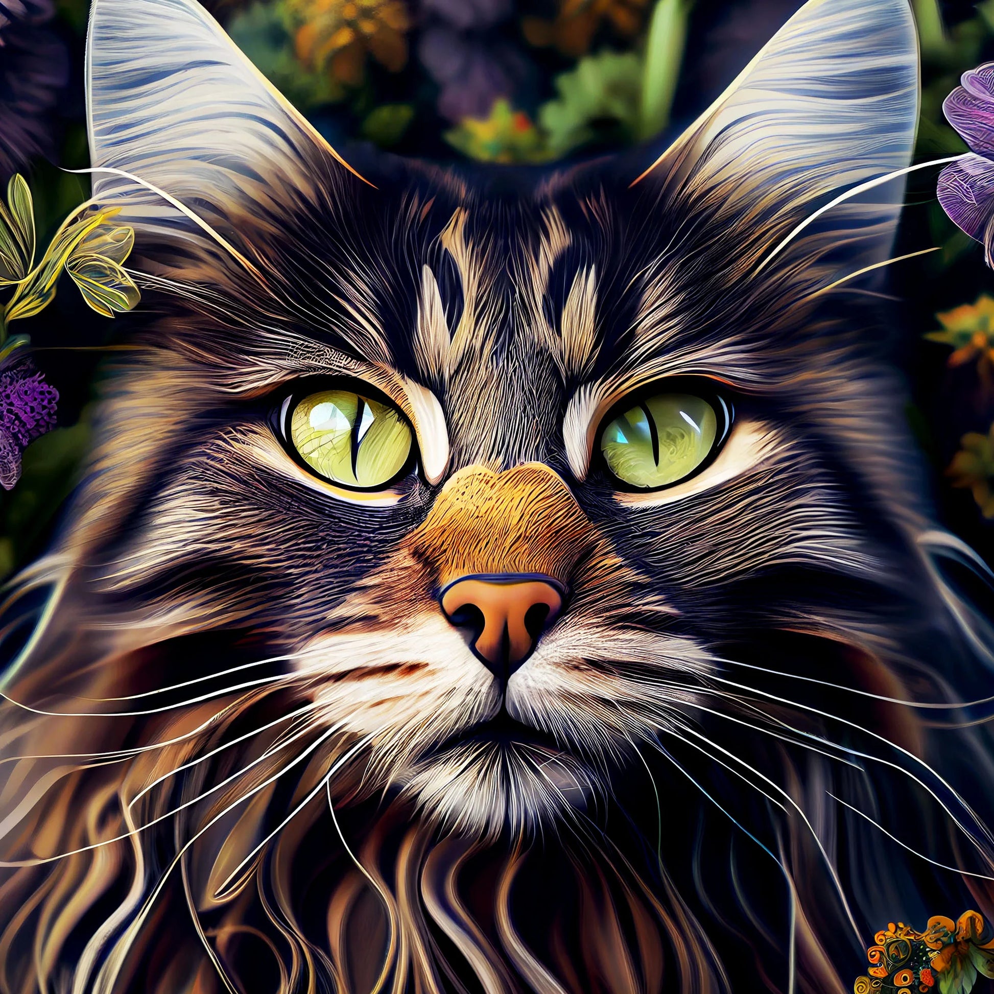 Diamond painting med AB-sten af en stribet kat med intense grønne øjne omgivet af blomster.