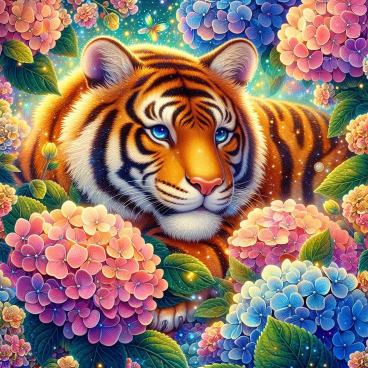 Diamond painting af en tiger liggende i et hortensiabed. Blå og lyserøde blomster.