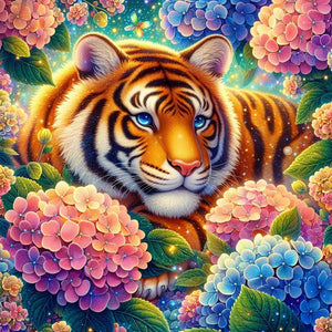 Diamond painting af en tiger liggende i et hortensiabed. Blå og lyserøde blomster.
