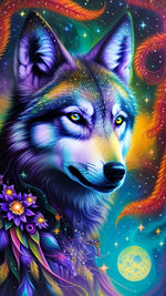 Diamond painting af en ulv i lilla nuancer. Omgivet af stjerner, månen og blomster.