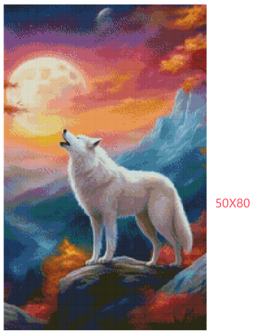 Diamond painting af en hvid ulv, der hylder mod månen. Mål: 50X80 cm.
