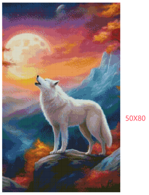 Diamond painting af en hvid ulv, der hylder mod månen. Mål: 50X80 cm.