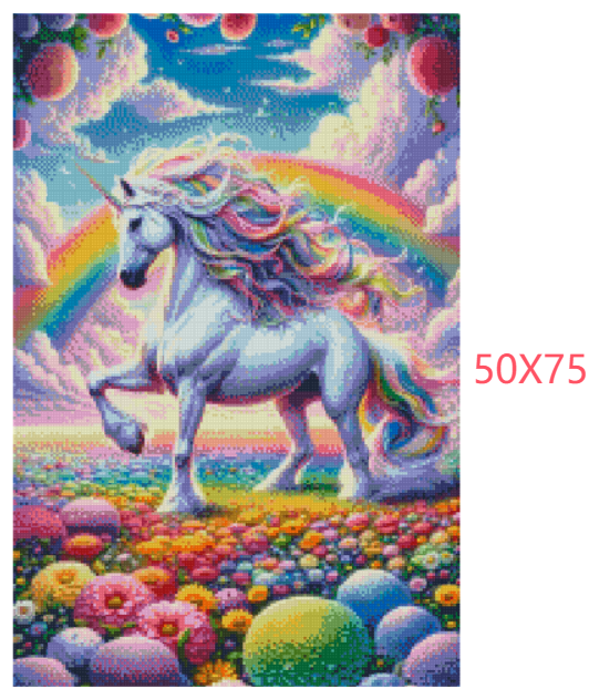 Diamond painting af en hvid enhjørning med regnbuemanke omgivet af farverige blomster, hvide skyer og en regnbue. Mål: 50x75 cm.