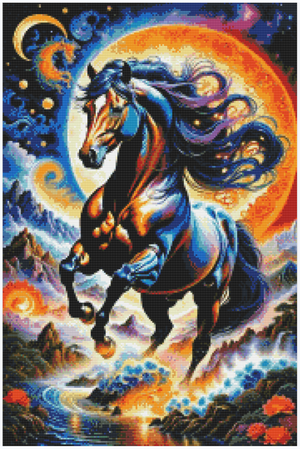 Diamond painting af en hest i løb i eventyrligt landskab. Fuldmåne, bjerge og flod i baggrunden.