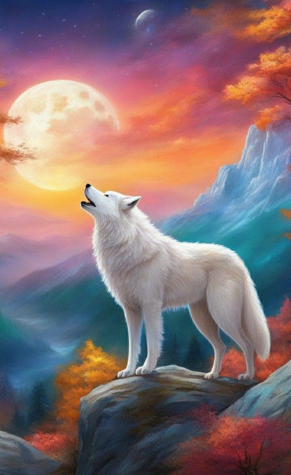 Diamond painting af en hvid ulv, der hyler mod månen. Turkise, lyseblå og orange farvetoner.