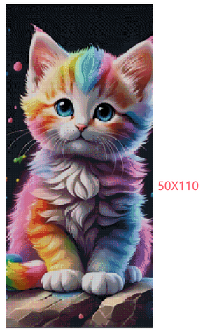 Diamond painting med regnbuefarvet kat. 50X100 cm. AB-sten med ekstra glimmer.